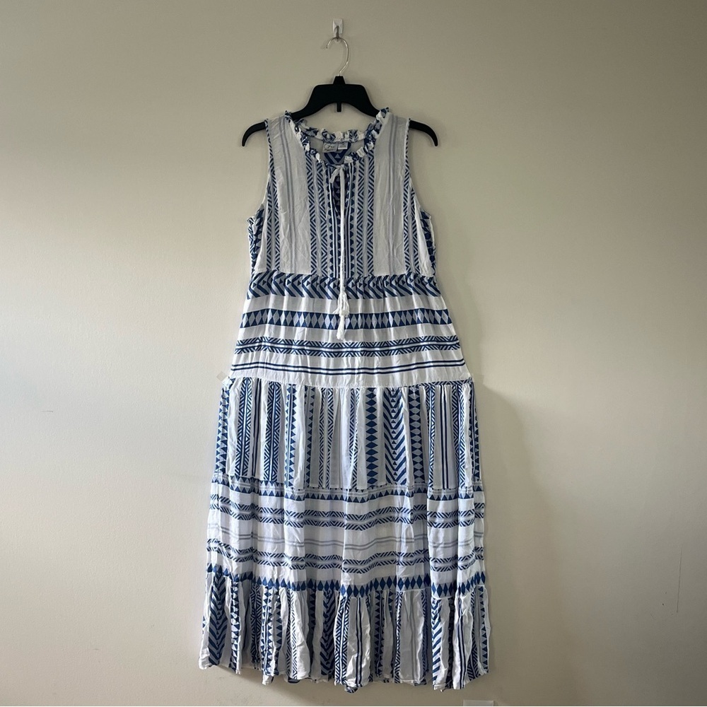 Goa Beachwear By Japna Blue White Print Tiered Maxi Dress Sz M - Picture 6 of 13